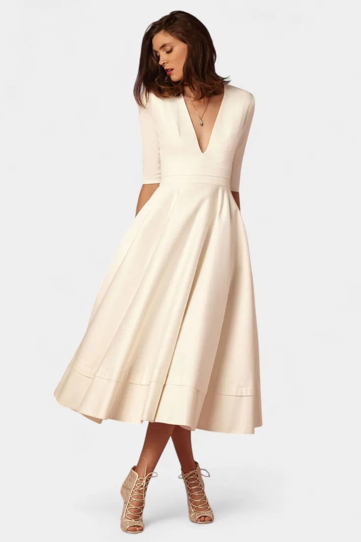 Deep V-Neck Midi Dress with Flared Silhouette