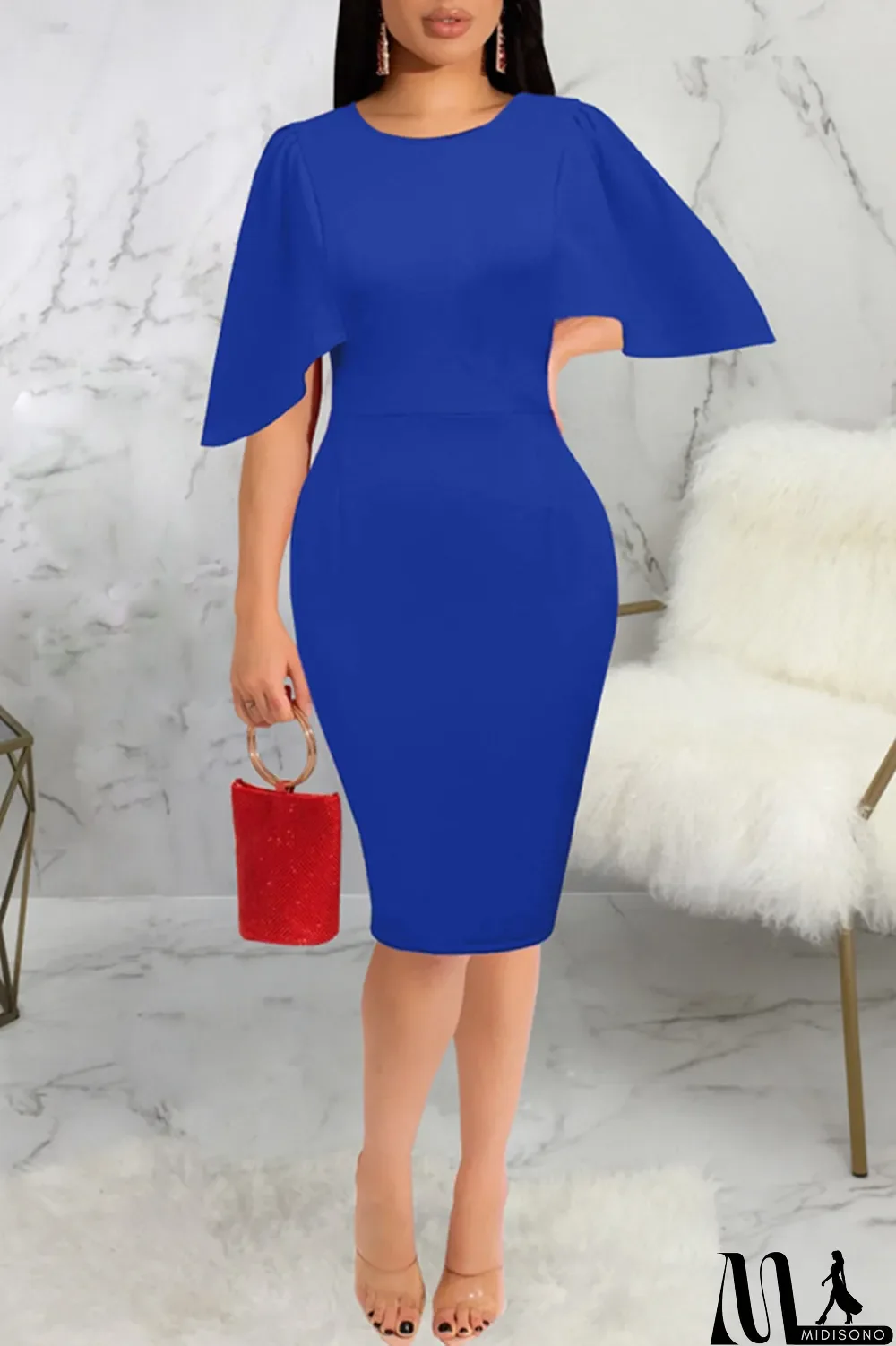 MidiSono - Blue Fashion Casual Solid Basic O Neck Short Sleeve Dress