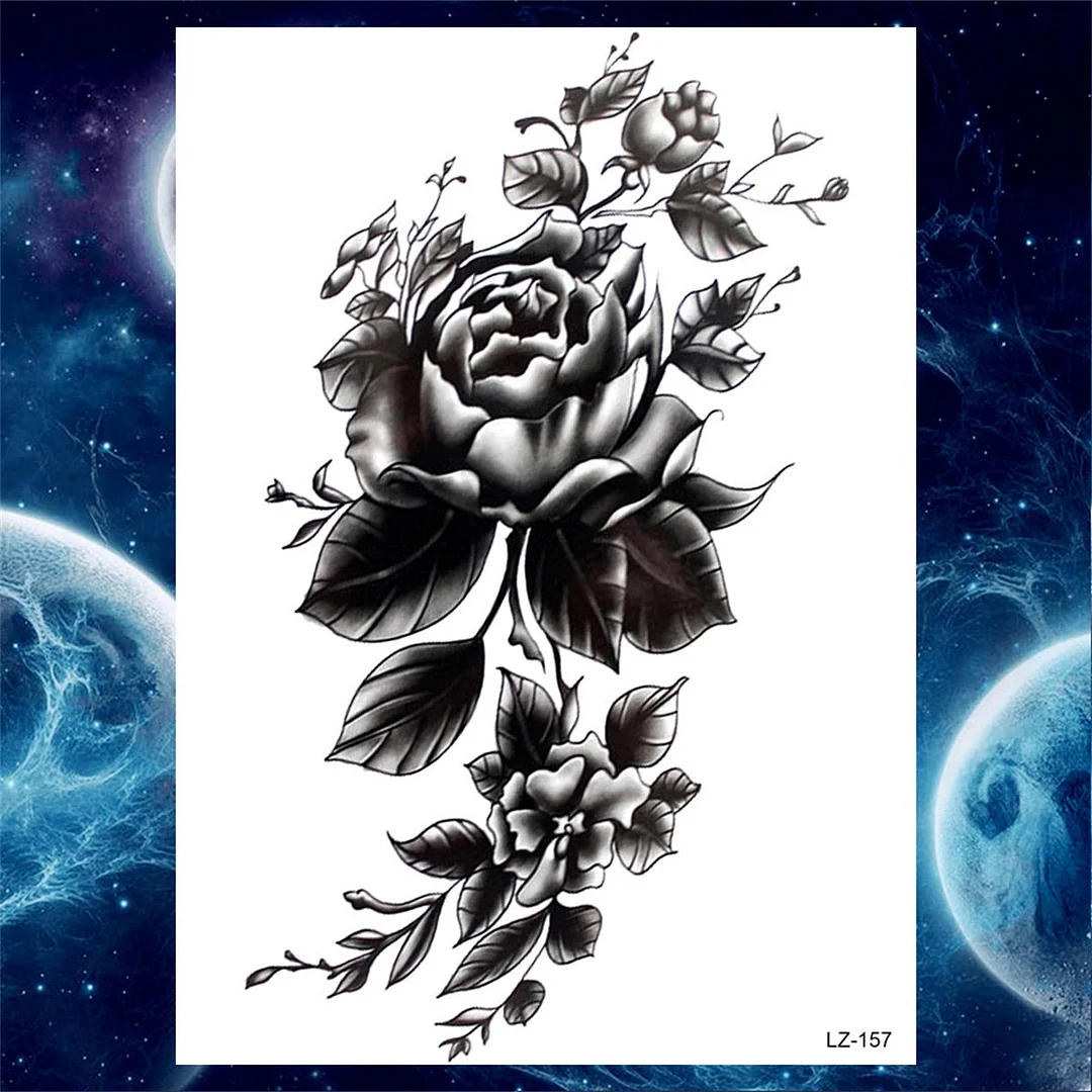 Large 3D Rose Flower Temporary Tattoos For Women Men Adults Death Skull Tattoo Sticker Peony Dahlia Black Fake Tatoos Forearm