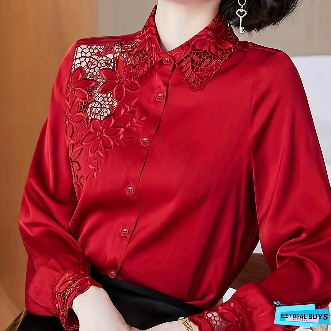 Hollow Out Button Up Shirt, Long Sleeve Casual Top For All Season, Women's Clothing