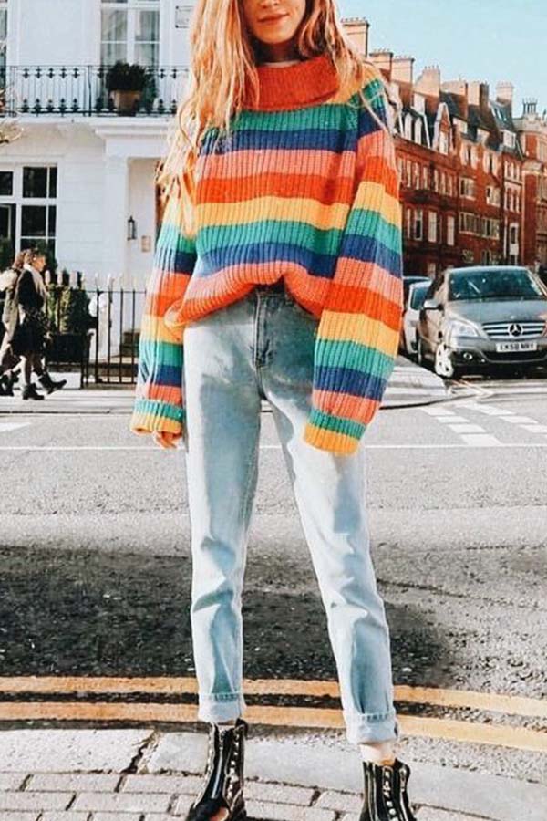 Women's top | Rainbow Striped Oversized Sweater |Website-evatiktok