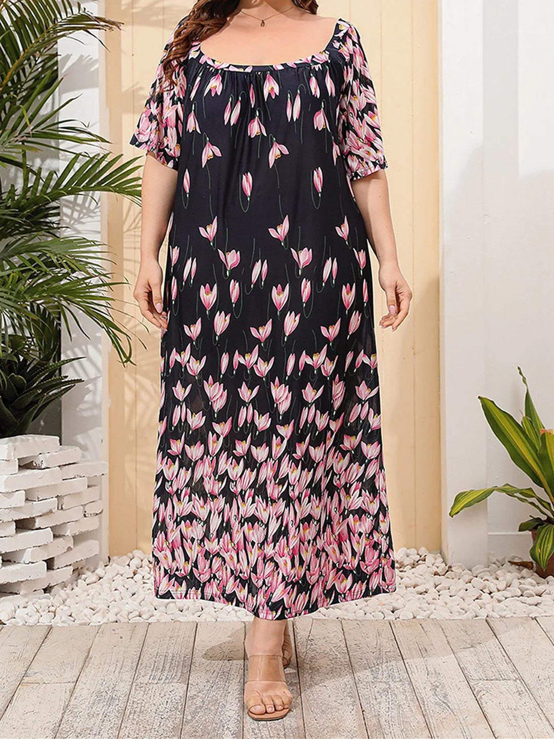 Women's Short Sleeve Round Neck Printed Plus Size Casual Homewear Dress