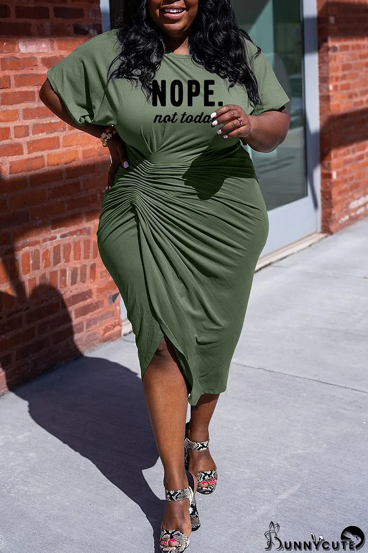 Army Green Casual Print Patchwork Fold Asymmetrical O Neck One Step Skirt Plus Size Dresses