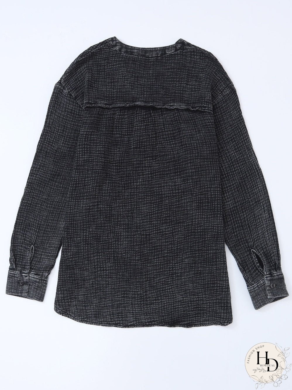 Crinkled Black Loose-fit V-Neck Henley Top