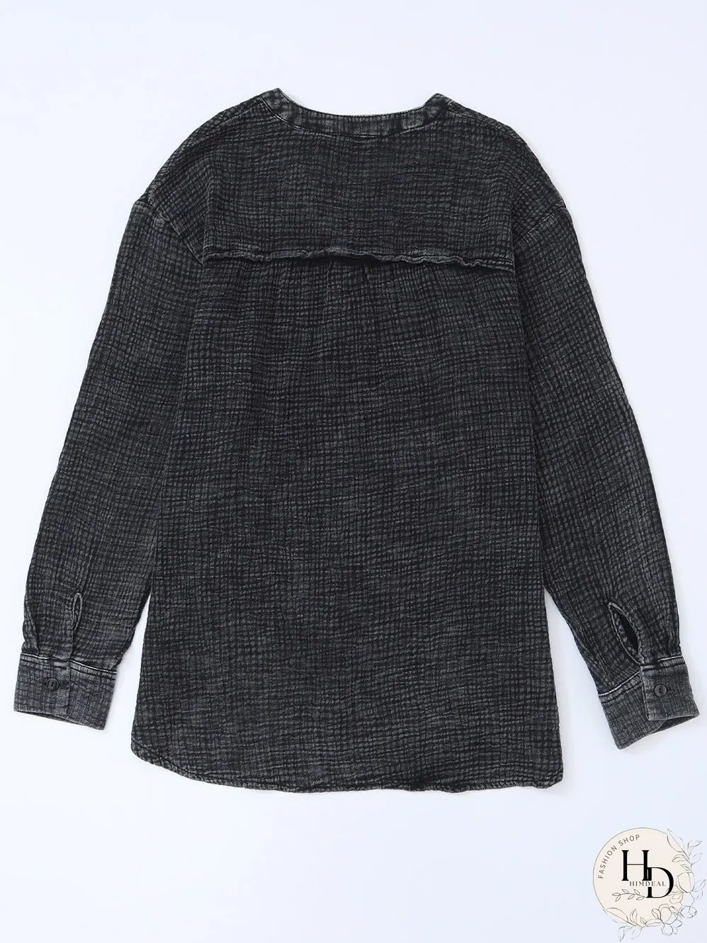 Crinkled Black Loose-fit V-Neck Henley Top