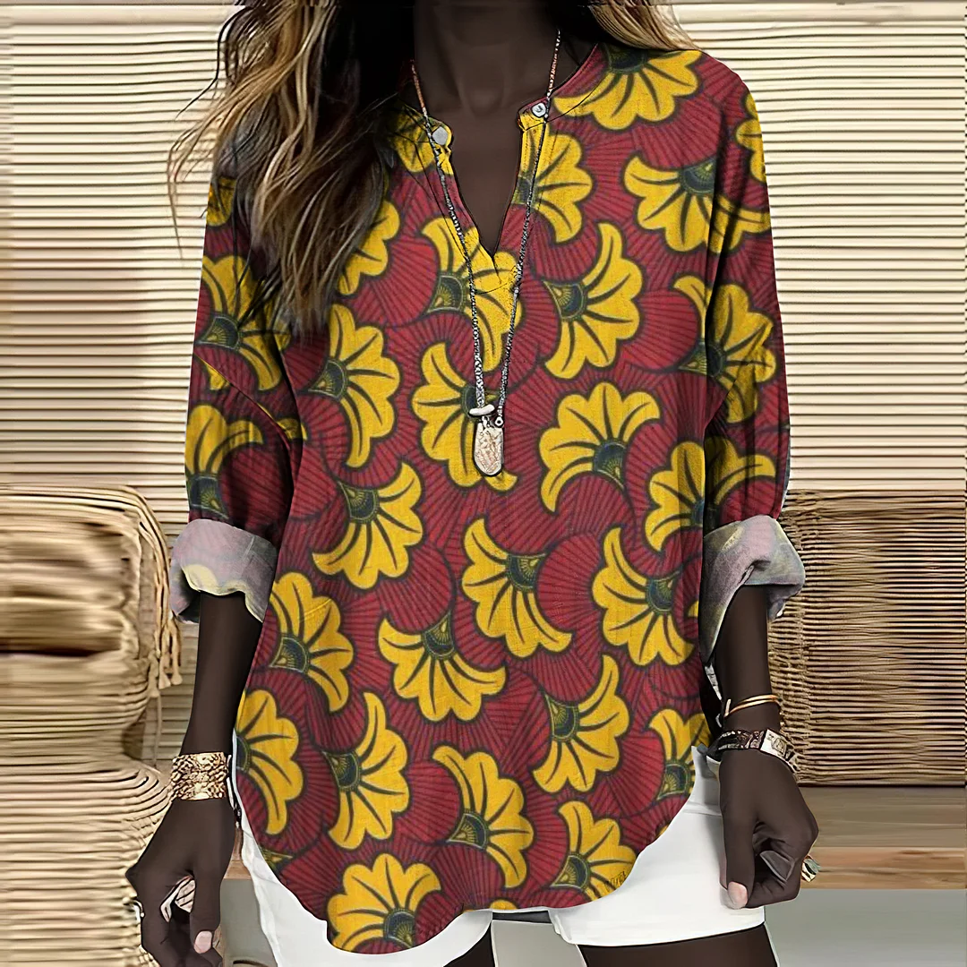 Ginkgo Leaf Print V-neck Linen Blend Blouse