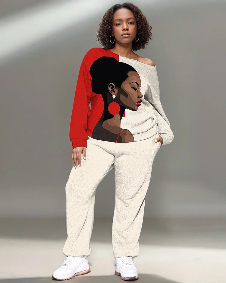 Colorblock Art Portrait Long-Sleeved Sweatshirt and Solid Color Casual Pants Set