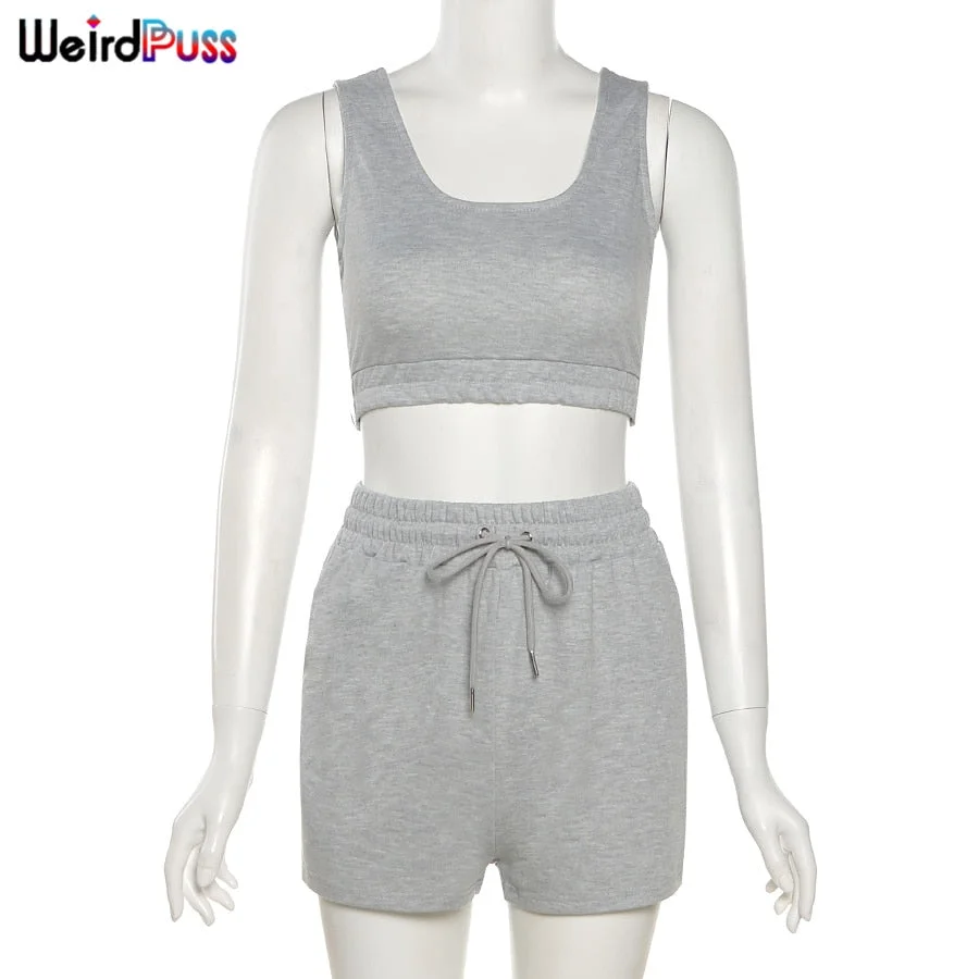 Weird Puss 2 Piece Sets Women Casual Cotton Tracksuit Fitness Tank Top Drawstring Shorts Activity Stretchy Summer Street Outfits
