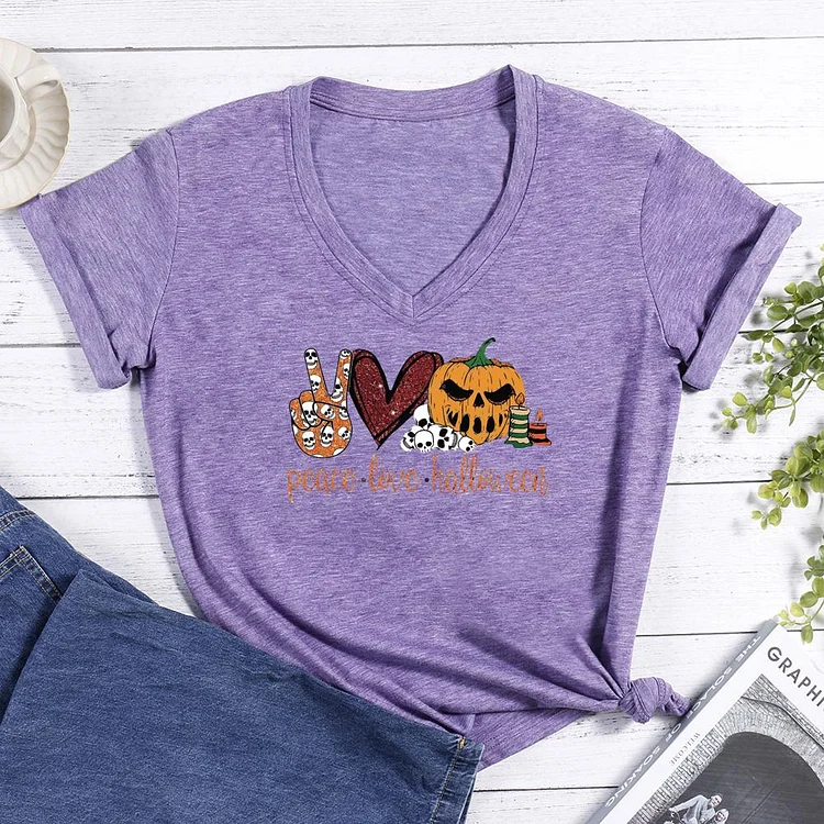 Peace love Halloween V-neck T Shirt-Annaletters