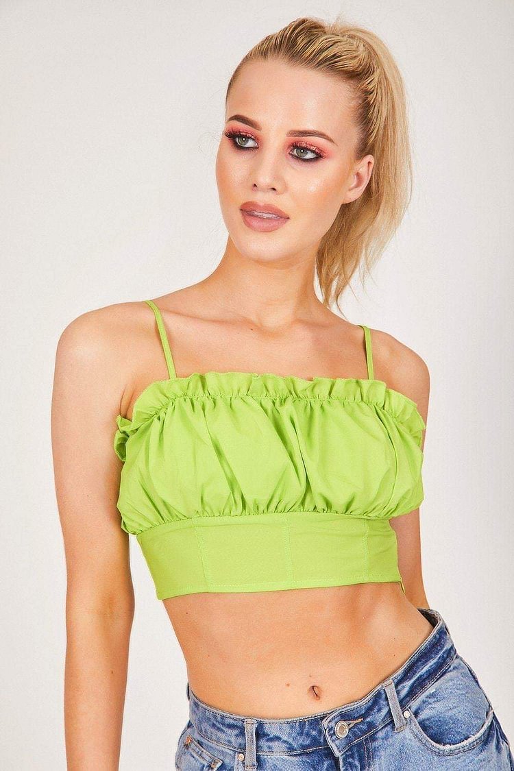 Green Square Neck Frill Crop Top Katch Me