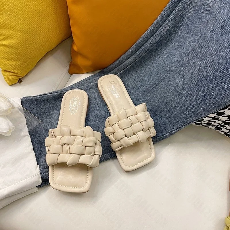 New Summer Women Open Toe Flat Casual Woven Knitted Slippers Shoes Woman Flip Flops Flats Sandals Slippers Slip On Slides Shoes
