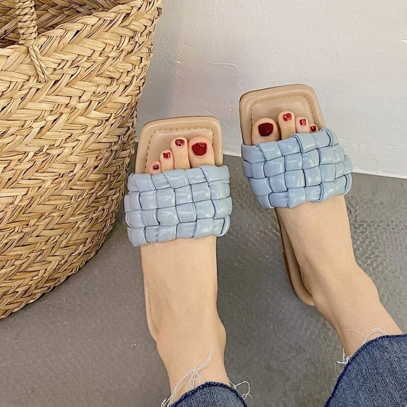 2021 Brand New Women Weave Slippers Women Flat Open Toe Sandals Hot Fashion Design Leisure Shoes Charm Office Women Flip Flop
