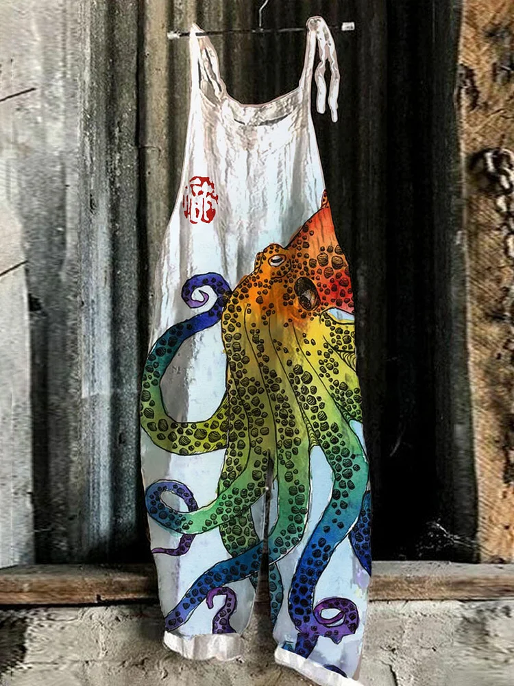 Japanese Colored Octopus Linen Blend Loose Casual Jumpsuit