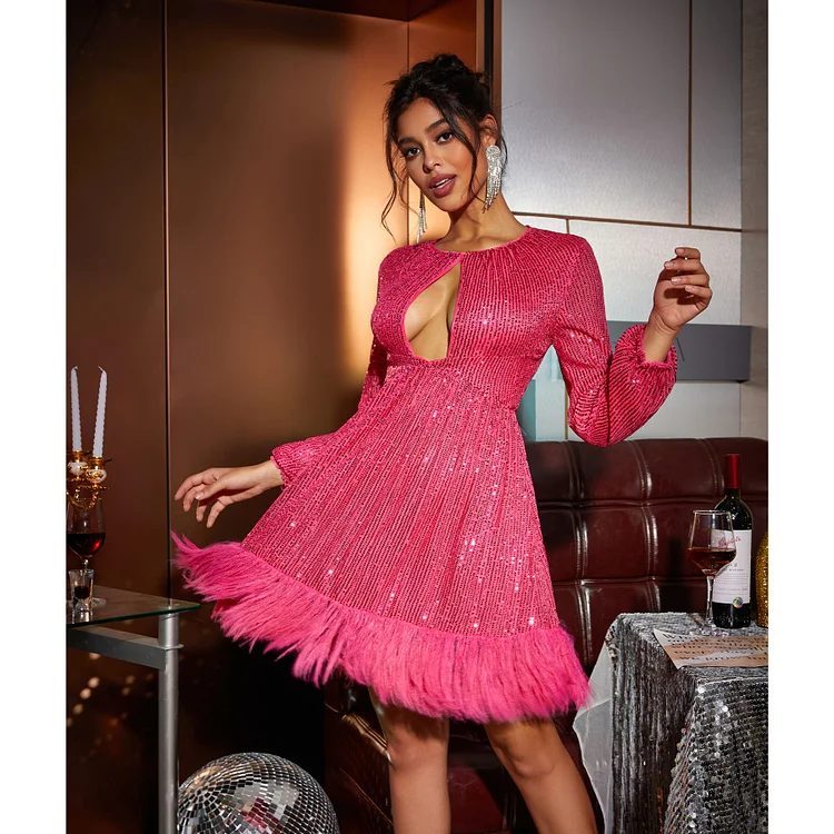 Sequins Cutout Feather Long-sleeved Mini Dress
