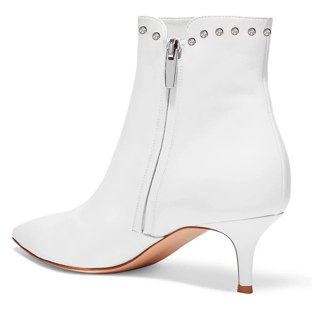 Women's Pointed Toe White Zipper Rhinestones Kitten Heeled Ankle Boots