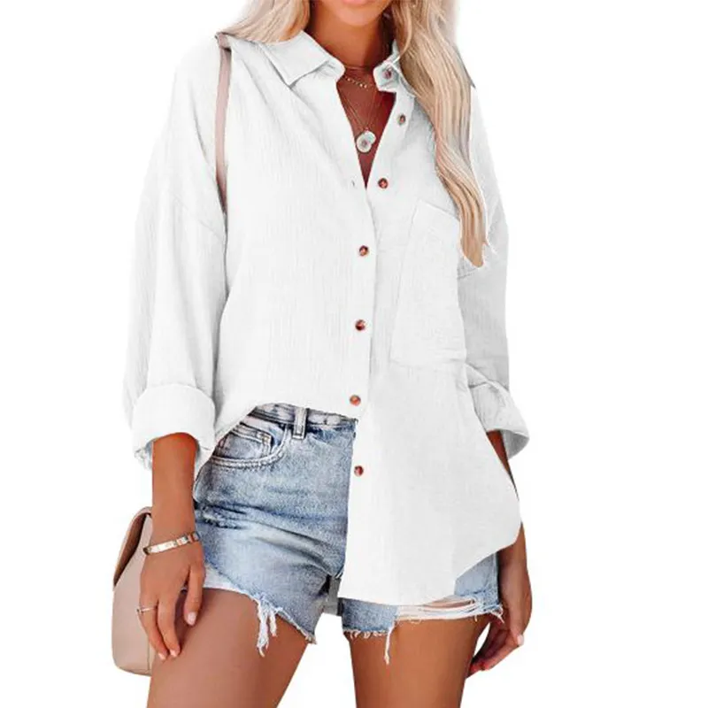 Textured Lapel Collar Button Down Oversized Long Sleeve Shirt