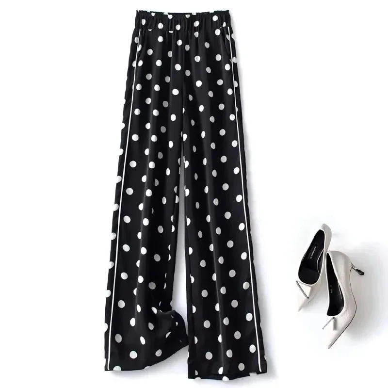 Polka dot black white printing women's pants 2022 spring Korean fashion high waist casual wide-leg side pipe pants for women