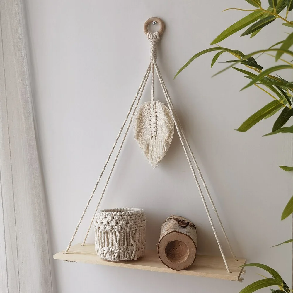 Macrame Wall Hanging Shelf Tassel Wood Decor Woven Wall Hanging Board Shelves for Home Decor Bedroom Living Room Cake Stand