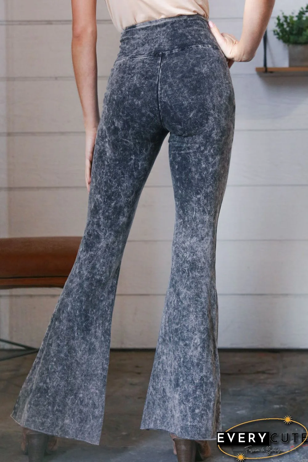 Gray Mineral Wash Retro High Waist Flare Pants