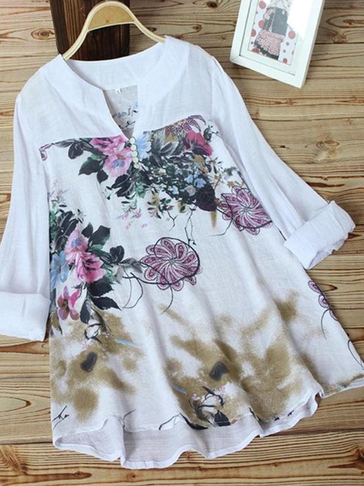 Casual Flower Print Round Neck Blouse