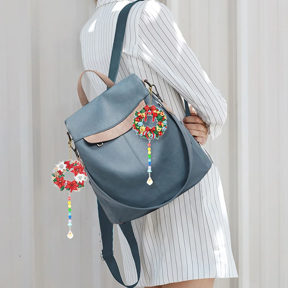 2pcs DIY Wreath Suncatcher Diamond Painting Art Pendant Christmas Home Windows Decor