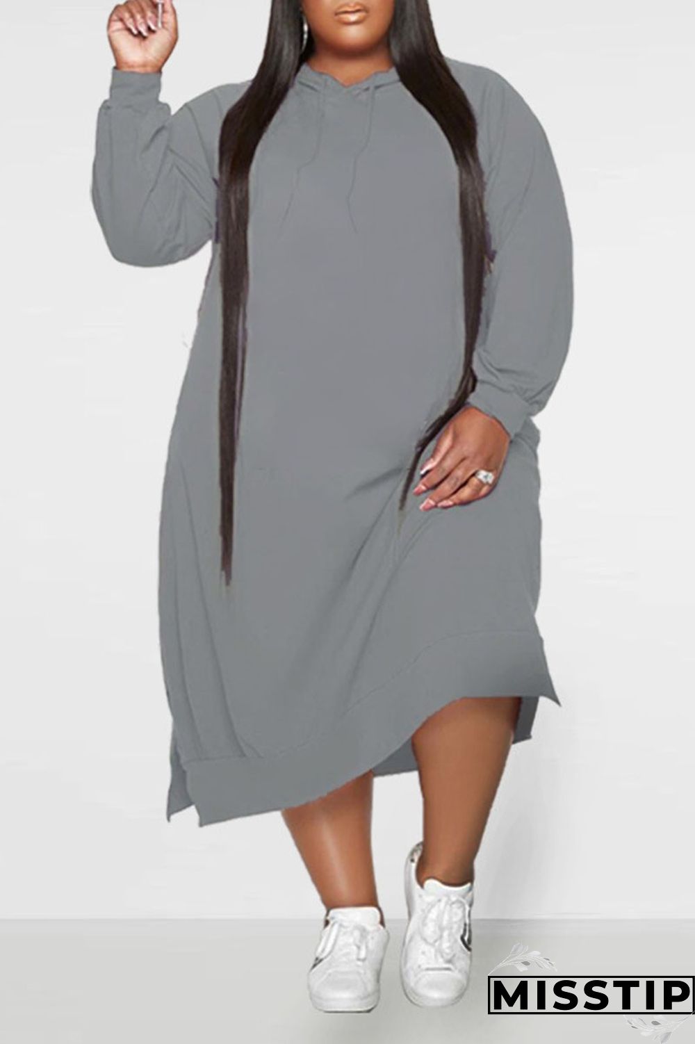 Black Casual Solid Patchwork Hooded Collar Straight Plus Size Dresses