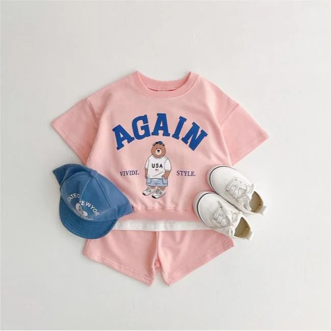 2pcs Baby Toddler Boy/Girl Bear & Letter Print Short Sleeve T-shirt and Shorts Set