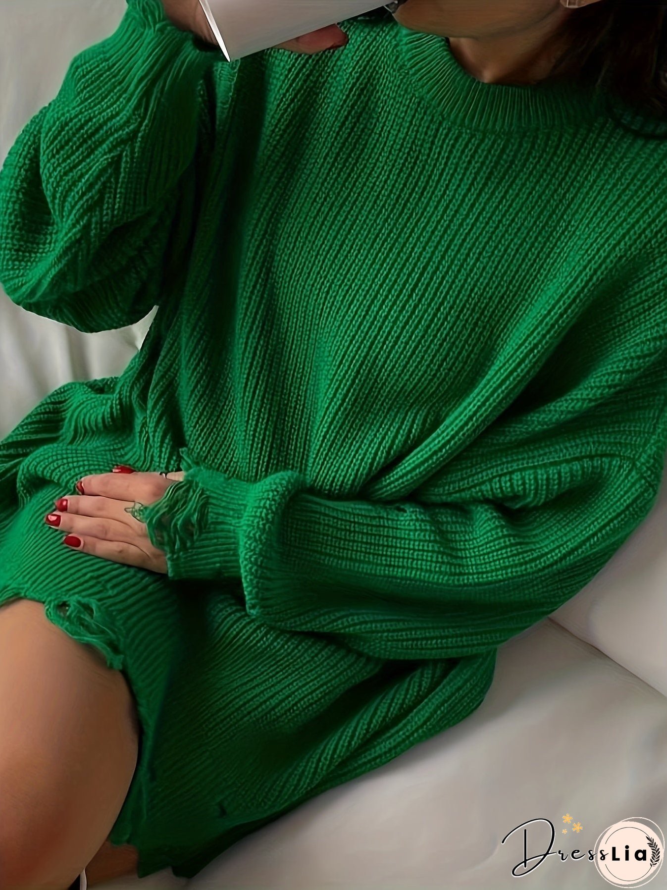 Solid Crew Neck Pullover Sweater, Casual Ripped Long Sleeve Oversized Sweater, Women's Clothing