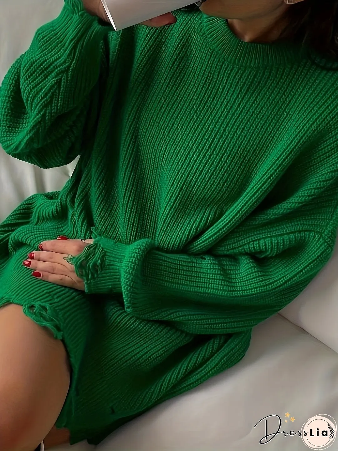 Solid Crew Neck Pullover Sweater, Casual Ripped Long Sleeve Oversized Sweater, Women's Clothing