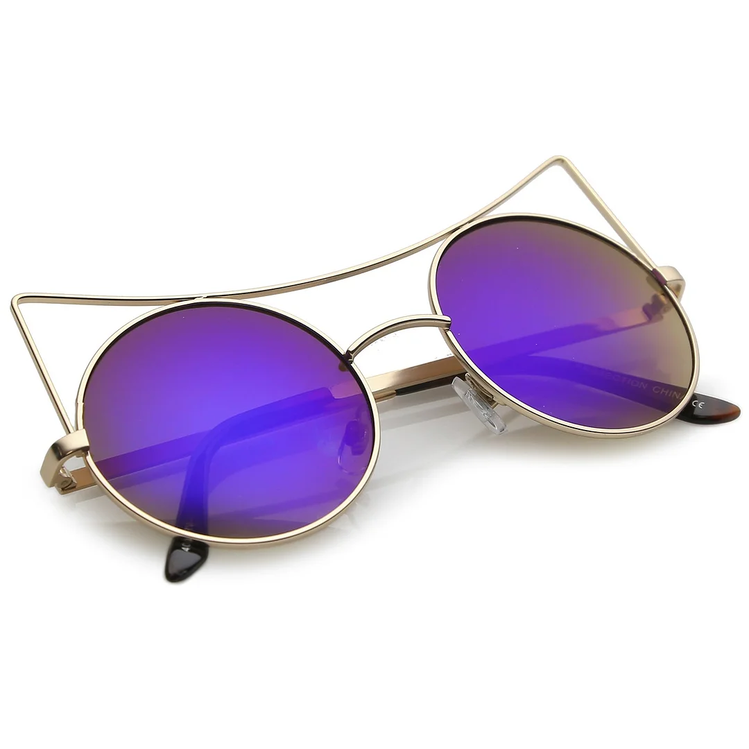Women's Oversize Open Metal Cat Eye glasses With Colored Mirror Flat Lens 54mm