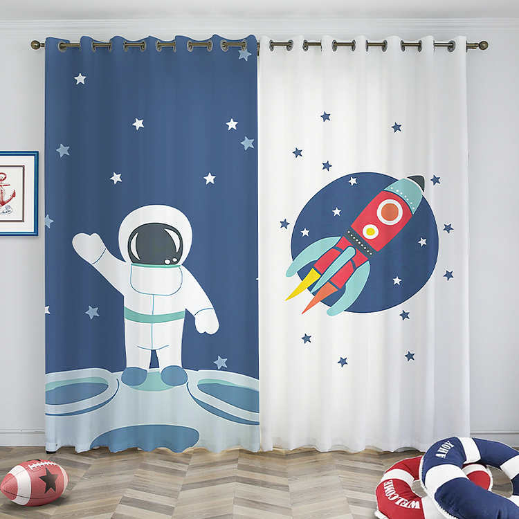 Indoor Semi-shading Curtains Grommet Top For Bedroom With Spaceman Astronaut Cartoon 2 Panels-