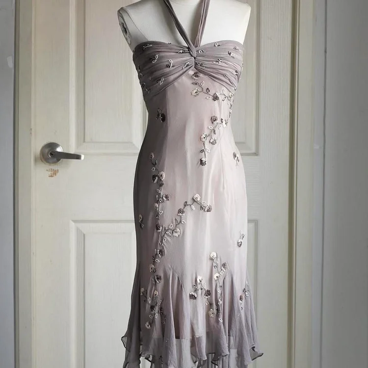🧚🏼&zwj;♂️Warm grey vintage yk fairy homecoming dress boho floral beaded embroidered backless prom dress evening dress party dress wedding guest dress