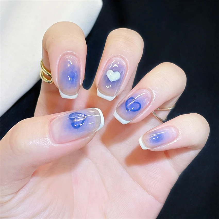 Qinice 24Pcs/Set Milkshake Diamond Lattice Wearing False Nails Tips Fall Winter Adhesive Fake Nails Removable French Press on Nail Art