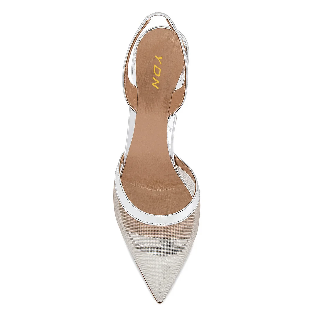 Silver Patent Leather & Mesh Pointed Slingback Flared Heel Pumps