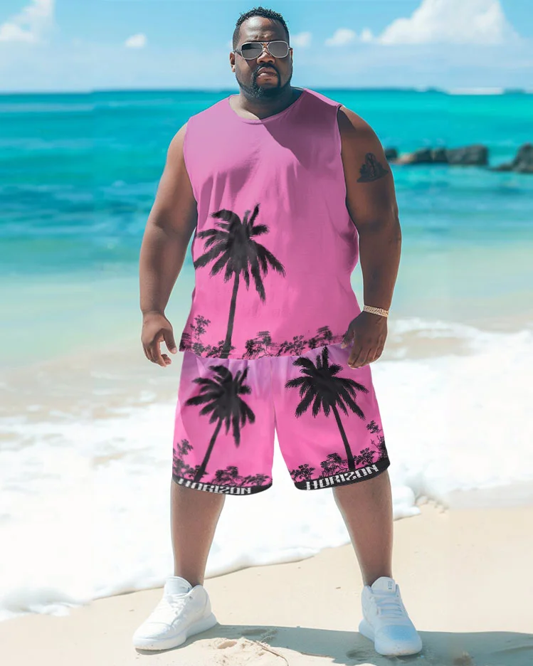 Men's Big Summer Plant Letter Print Vest Shorts Suit