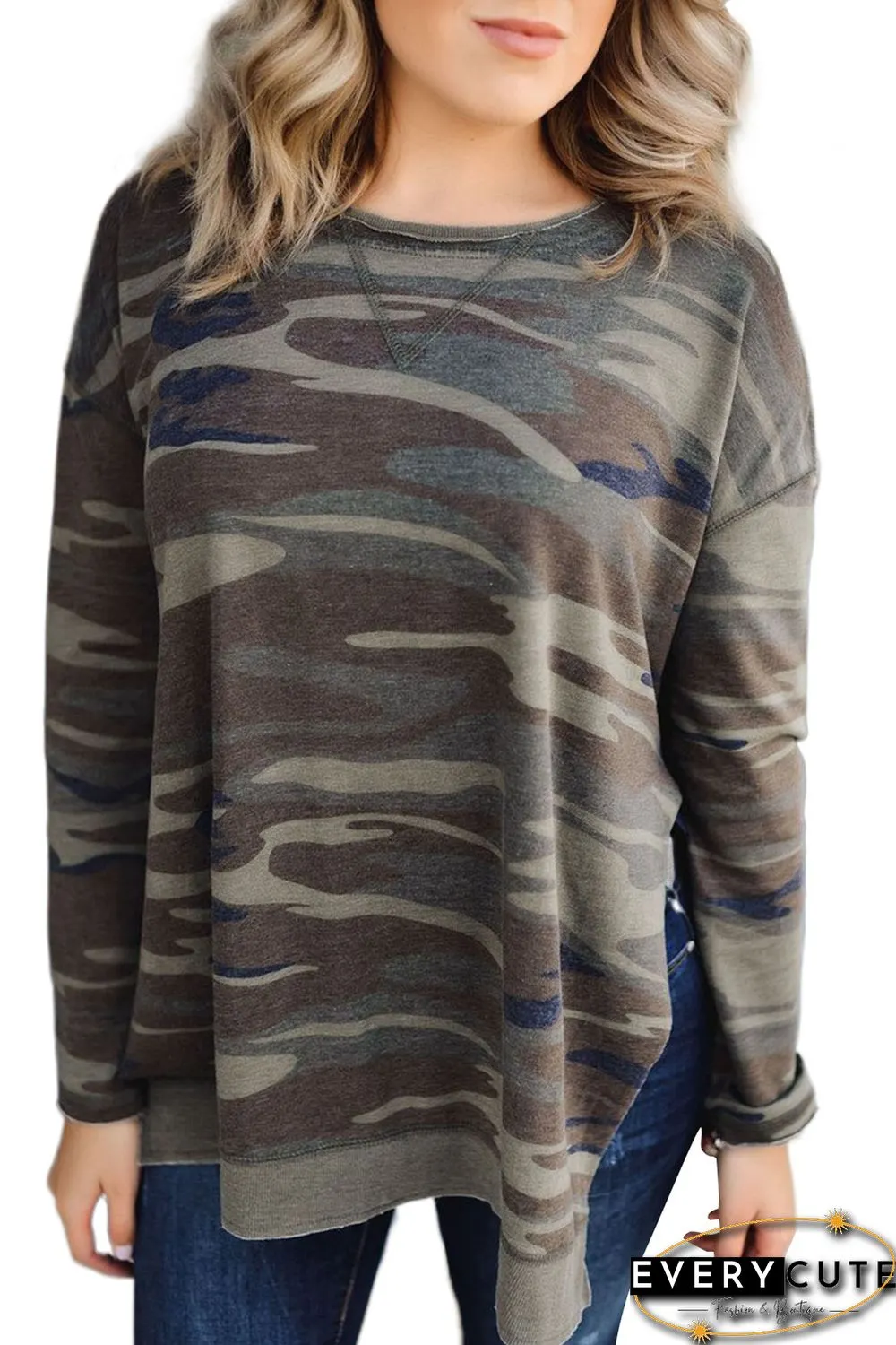 Oversize Camo Print Side Slits Hi-lo Hemline Sweatshirt