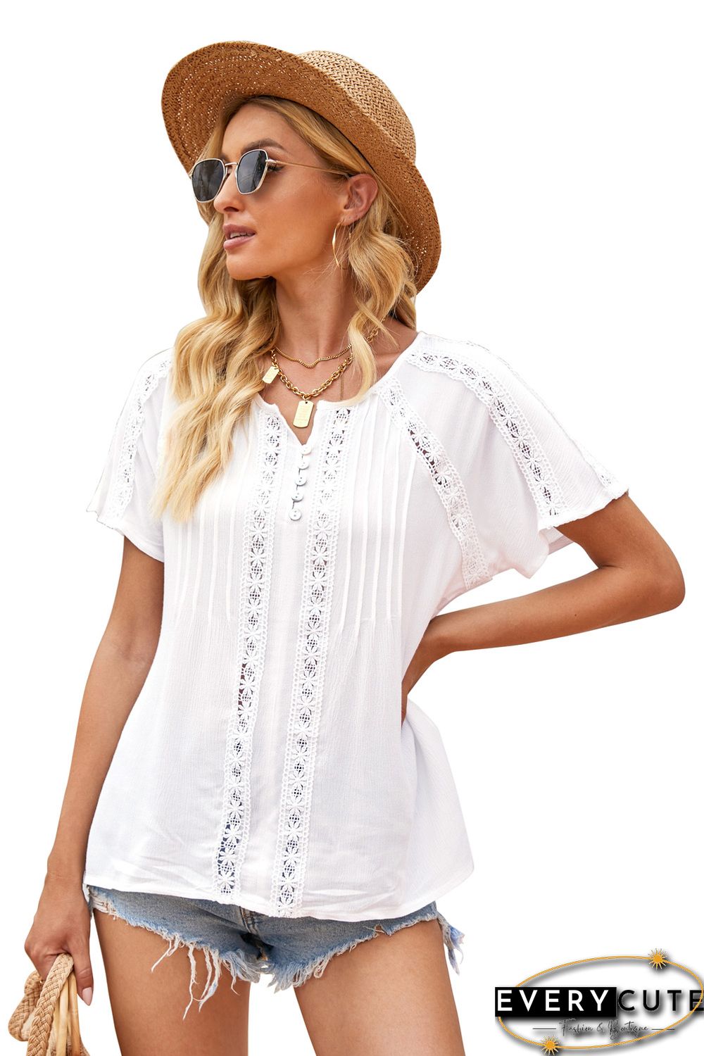 White Crochet Eyelet Short Sleeves Top
