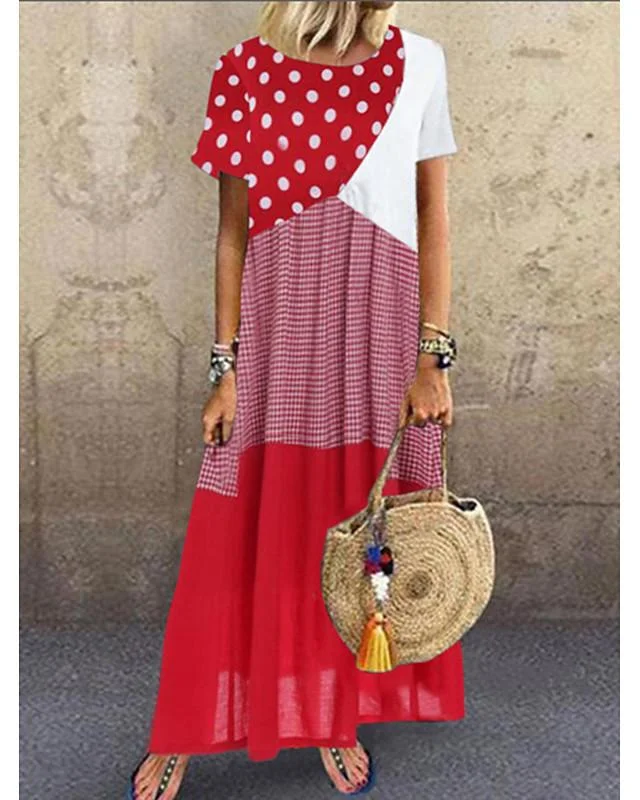 Women's Maxi Long Dress Short Sleeve Polka Dot Print Summer Hot Casual Blue Red Yellow Red Combo