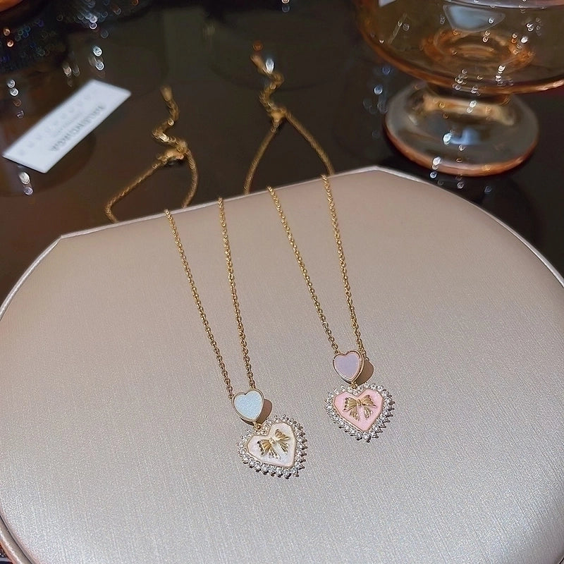 Vintage Style Heart Shape Bow Knot Titanium Steel Plating Pendant Necklace