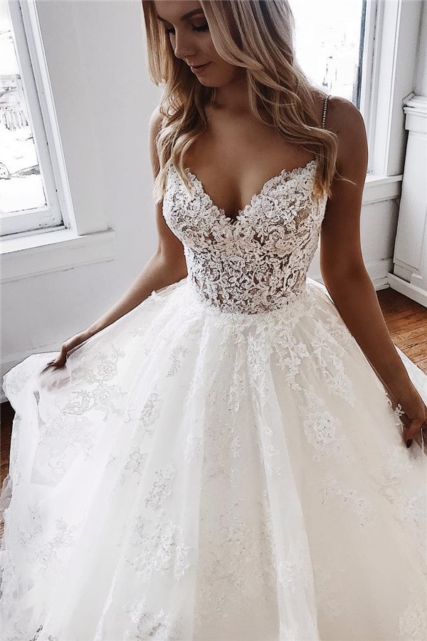 Luxury A-Line Wedding Dresses Spaghetti-Straps With Lace Appliques | Ballbellas Ballbellas