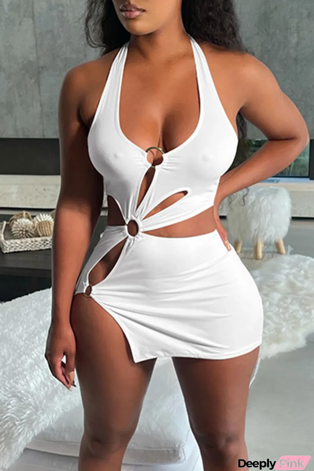 White Sexy Solid Hollowed Out Split Joint Asymmetrical Halter Pencil Skirt Dresses