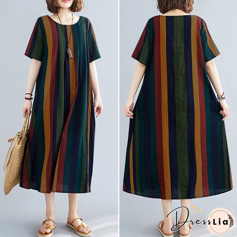 ZANZEA Women Summer Short Sleeve Plus Size Vintage Striped Dresses Long Dress