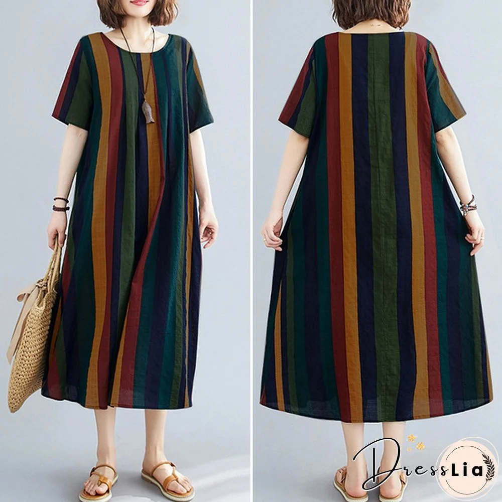 ZANZEA Women Summer Short Sleeve Plus Size Vintage Striped Dresses Long Dress