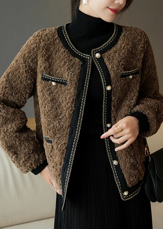 French Coffee O-Neck Patchwork Button Faux Fur Coats Winter