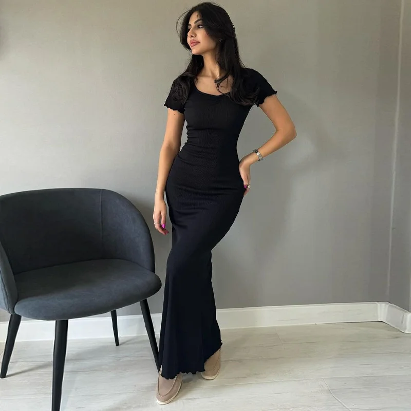 Uveng Uveng Summer New Women's Solid Color Temperament U Collar Short Sleeve Slim Long Dress Female