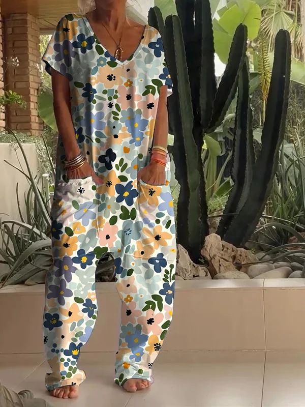 Casual Floral Print V-neck Jumpsuit