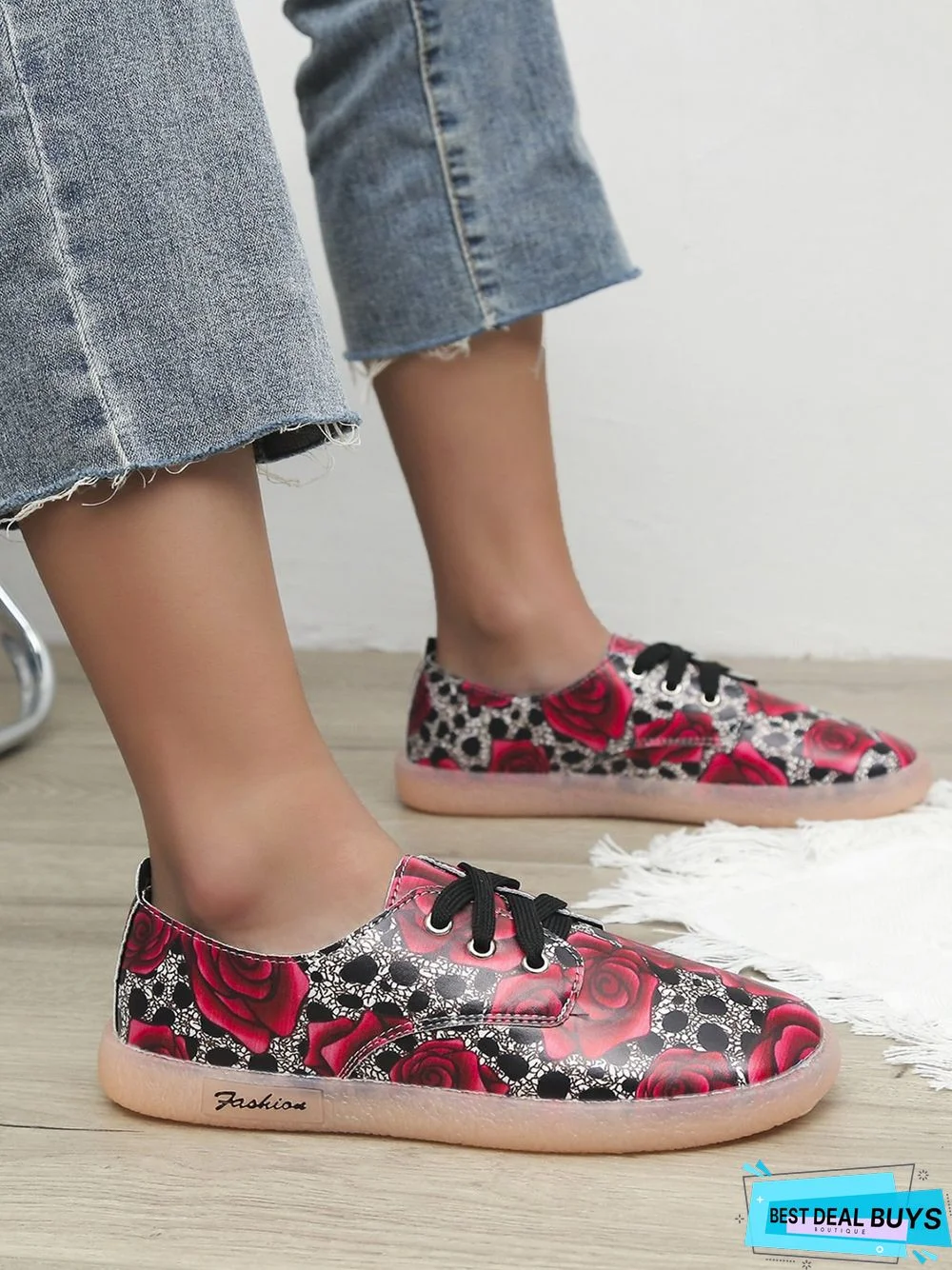 Floral Pattern  Lace-up Front Flat Shoes