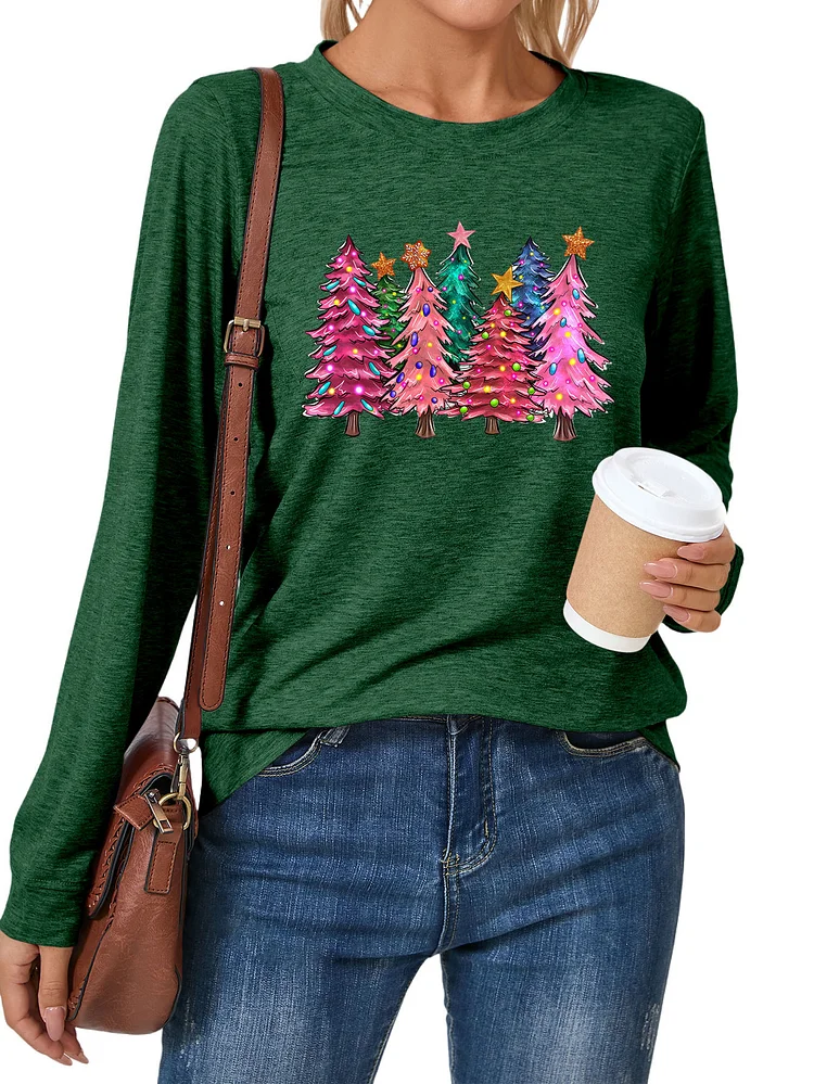 Womens Merry Christmas Crewneck Tee Funny Pink Christmas Tree Print Holiday T-Shirts