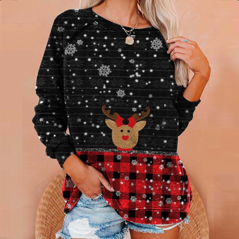 Snowflake Reindeer Tartan Check Print Crew Neck Sweatshirt