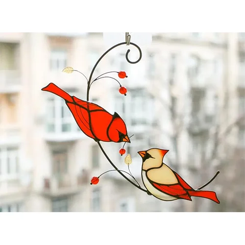 Pair of Cardinal Bird Stained Ornament